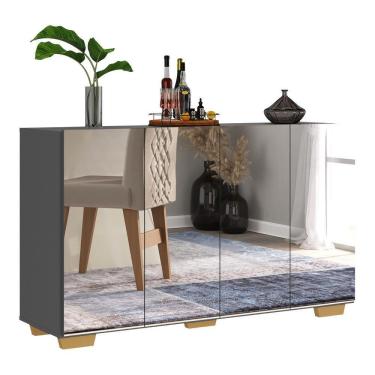 Imagem de Aparador Buffet 4 Portas Com Espelho E Pés Quadrados Vegas V3560 Grafite/Natural Grafite/Natural