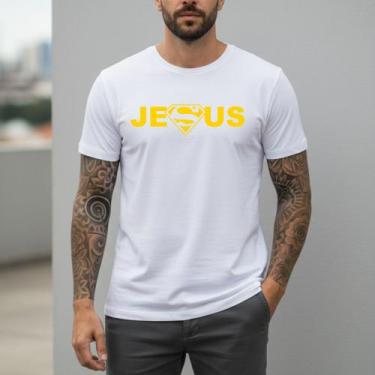 Imagem de Camiseta Branca Personalizada Masculina Jesus Super Herói Gospel Igrej