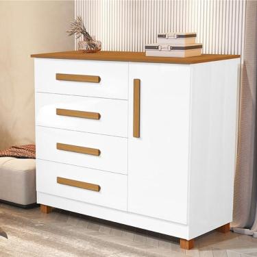 Imagem de Comoda Grecia Quarto 4 Gavetas 1 Porta E Pés Madeira Maciça Branco/Nature Branco/Nature