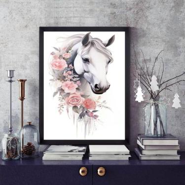 Imagem de Quadro Cavalo Branco Com Flores 45X34Cm - Com Vidro