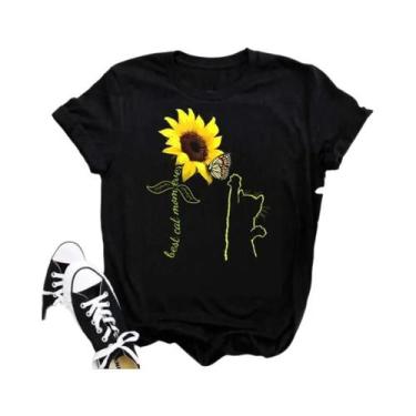 Imagem de Camiseta Preta Com Estampa De Borboleta E Girassol Kawaii Para Mulhere