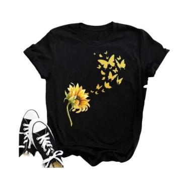 Imagem de Camiseta Preta Com Estampa De Borboleta E Girassol Kawaii Para Mulhere
