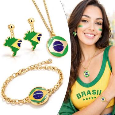 Imagem de Kit 3 Brasil Copa do Mundo Colar e Pulseira Brinco Ouro Brasil Combo -