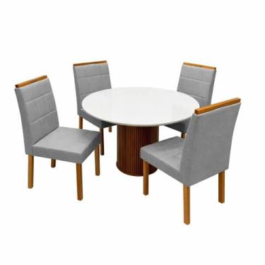 Imagem de Mesa de Jantar Dara 110cm Redonda com Vidro e 4 Cadeiras Giulia em Lin