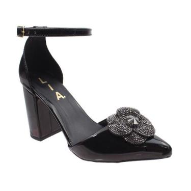 Imagem de Scarpin Feminino Salto Bloco Bico Fino Flor Pedraria Social Confortáve