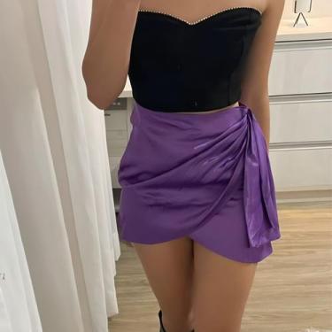 Imagem de Saia Acetinada de Amarrar com Faixa Cetim Elegante Festas Cor:RoxoTama