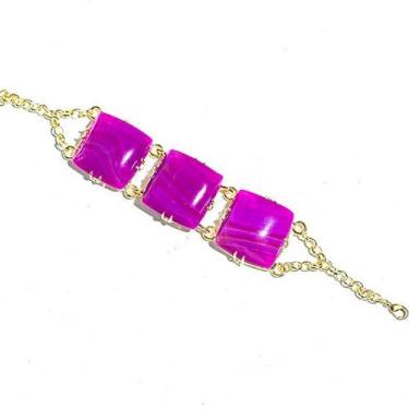 Imagem de Bracelete 3 Pedras Naturais Ágata Rosa Quadrado Dourado - CristaisdeCu