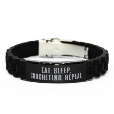 Imagem de SpreadPassion Bracelete de crochê preto com fecho Glidelock engraçado, comer. Dormir, presentes para amigos, presente, pulseira gravada para crochê