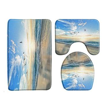 Imagem de Tapete de banho de água do mar oceano azul tapete de banheiro conjunto de 3 peças fundo do mar animal peixe flanela antiderrapante almofada em forma de U conjuntos de decoração de banho de banheiro, 33656J,450MMx750MM