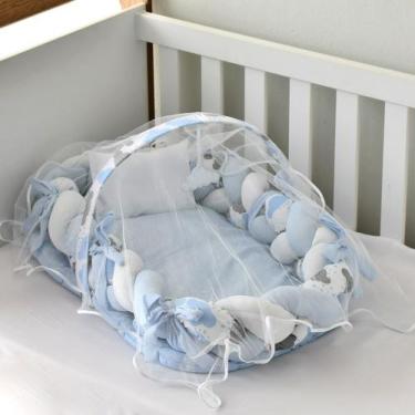 Ninho para Bebê com Mosquiteiro Azul com Branco Baby Joy Essence -  lojababyjoy