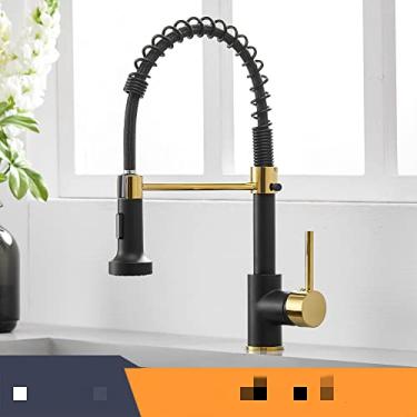 Imagem de Torneiras de cozinha escova torneiras de latão para pia de cozinha de alavanca única bica de mola misturadores torneira de água quente e fria guindaste, preto e dourado, china