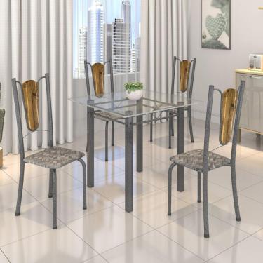 Imagem de Conjunto de Mesa Tubular 75x75cm Tampo de Vidro com 4 Cadeiras Júlia Soma Móveis Cisal/Martelado Prata/Incolor
