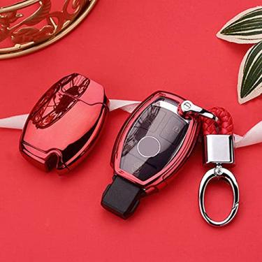 Imagem de YJADHU Capa de chave de carro TPU porta-chaves chaveiro anel de corrente, apto para Mercedes Benz W203 W210 W211 W124 W202 W204 AMG, vermelho com chaveiro