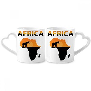 Imagem de Mapa da África Savanna Elefante Vida Selvagem Casal Caneca de Porcelana Conjunto de Cerâmica para Amante de Coração