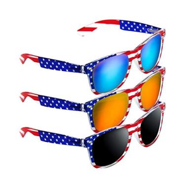 Imagem de 3 pares de óculos de sol com a bandeira patriótica americana da praia e da série 4 de julho – Lentes vermelhas/azuis/cinza, Transparent, Medium