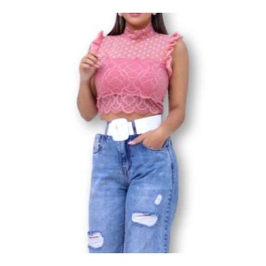 Imagem de Blusa Cropped Feminino Renda Poa Com Bojo Cavada Babado - Filo Modas