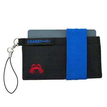 Imagem de Crabby Gear - Carteira de bolso frontal – Carteira minimalista – Elástico – Cartões de transporte diário, dinheiro, telefone, chaves – Segura com segurança para fácil acesso – Chaveiro de garra de lagosta incluído – Ultrafino 10 x 5 cm, Azul, One Size