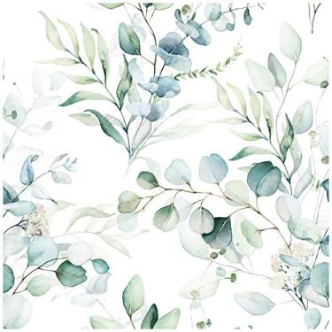 Imagem de HaokHome Papel de parede para destacar e colar folhas de eucalipto verde/branco mural de parede decoração de berçário 45 x 300 CM