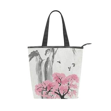 Imagem de Bolsa de mão de lona com alça superior e paisagem de cerejeira oriental, bolsa de ombro para mulheres