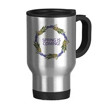 Imagem de Guirlanda redonda Caneca de viagem de flor azul com tampa flip em aço inoxidável copo de carro copo térmico