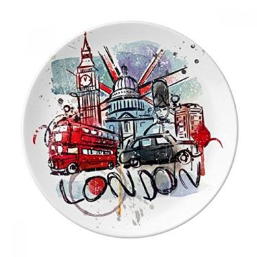 Imagem de London Bus Big Ben UK Landmark Aquarela Sobremesa Prato Decorativo Porcelana 20 cm Jantar Casa