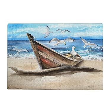 Imagem de ColourLife Quebra-cabeça de arte presente para adultos, adolescentes, barco de pesca velho, com gaivotas, jogos de quebra-cabeça de madeira, 300/500/1000 peças, multicolorido