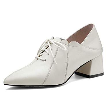 Imagem de TinaCus Sapato feminino de couro legítimo feito à mão confortável salto médio bico fino gracioso cadarço sapato escarpim, Bege, 6.5