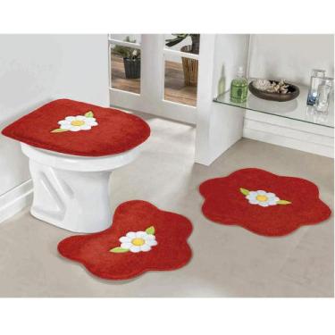 Imagem de Kit Tapetes Banheiro Margarida Folha Antiderrapante 3 Peças - Vermelho