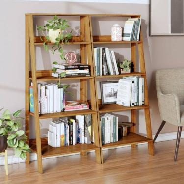 Imagem de Conjunto de 2 Estantes para Livros Escada Biblioteca 140x61cm 4 Prateleiras Tok Yescasa Noce MIlano