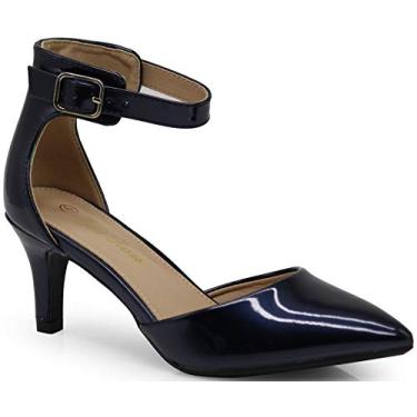 Imagem de Enzo Romeo Sandália feminina Jputa bico fino salto médio sexy tira no tornozelo bailarina vestido de balé casamento Patente Harlow sapato escarpim, Azul-marinho, 36