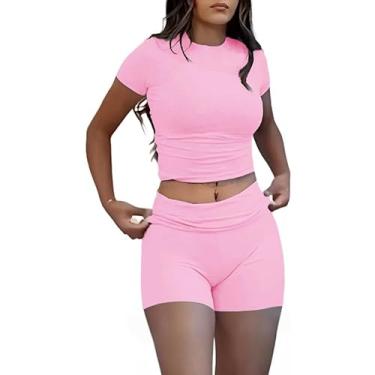 Imagem de YETOWA Conjunto de duas peças para treino casual feminino, manga curta, cintura baixa, shorts dobráveis, roupa urbana, Conjunto de shorts: rosa, G