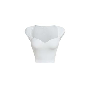 Imagem de RoseSeek Camiseta feminina gola redonda manga cavada malha canelada slim fit camiseta casual verão, Branco, M