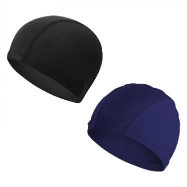 Imagem de 2 peças de touca de natação elástica de tecido de cor sólida bonés de natação de tecido unissex preto marinho