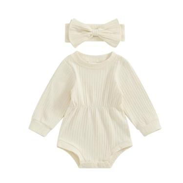 Imagem de FOCUSNORM Roupas para bebês recém-nascidas cor sólida com nervuras macacão macacão de manga comprida macacão infantil menina outono inverno roupas, Bege, 9-12 Months