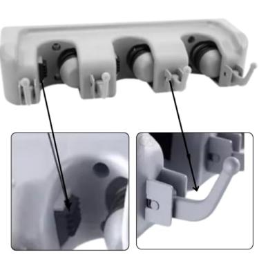 Imagem de Suporte Multiuso COM 4 GANCHOS 3 ENCAIXES VASSOURAS RODO CHAVES FUNCIONAL PENDURAR MATERIAL DE LIMPEZA OTIMIZAR ESPAÇOS CASA ORGANIZADA NÃO ENFERRUJA CINZA 26/6CM