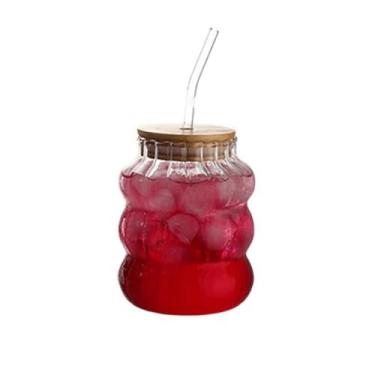Imagem de zaoalife Copos de vidro canelados, copos de vidro vintage em forma de onda canecas de vinho com tampa e canudo, copo fofo para café, suco, bebidas, leite, coquetéis