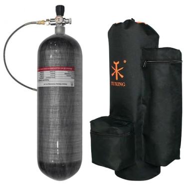Imagem de TUXING Tanque de ar de fibra de carbono de 4500psi 6,8L com bolsa de transporte, sistema de ar comprimido para paintball PCP com válvula reguladora e medidor para rifles de ar PCP e mergulho autônomo