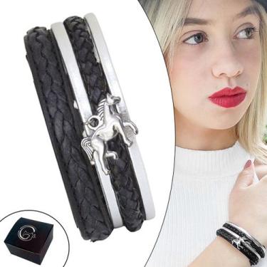 Imagem de Pulseira de Couro Feminina Country Ajustável Trançada Preto e Prata Ca