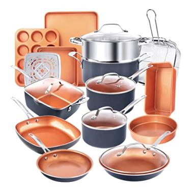 Imagem de Gotham Aço de 20 peças de 20 peças e panelas Conjunto de cozinha completa de cozinha + conjunto de panos | Revestimento de cobre de cerâmica antiaderente - frigideiras, frigideiras, vasos de estoque, lençol de biscoito de cesto quadrado de frito e assadeira