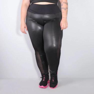 Imagem de Calça Feminina Legging Plus Size Cós Alto com Cirrê e Tela - Fitmoda, 