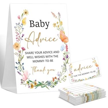 Imagem de Jogos de chá de bebê, cartões de conselhos de bebê para os pais, 1 placa de pé e 50 cartões, decoração de chá de bebê de gênero floral boêmio, decoração de chá de bebê neutro revelação de gênero
