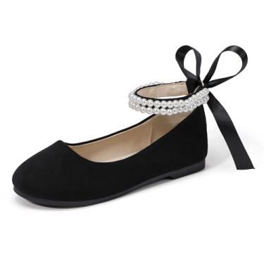 Imagem de Hehainom Sapatos sociais para meninas, meninas, florista, para crianças pequenas, Mary Jane, sapatilhas, laço de pérolas, festa de casamento, sapatos de comunhão, Camurça preta, 21