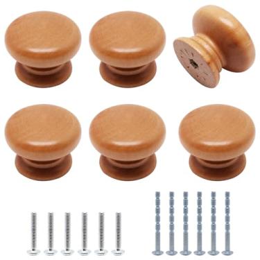 Imagem de YuGtcen 6 maçanetas de armário de madeira, puxadores de cômoda de madeira, maçanetas redondas modernas para móveis armário cômoda gaveta porta de armário (acabamento em madeira)
