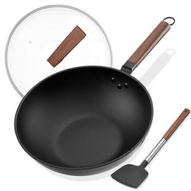 Imagem de Todlabe Wok de aço carbono – incluindo tampa de vidro e espátula de silicone, woks de 33 cm e frigideiras para fogões elétricos a gás de indução