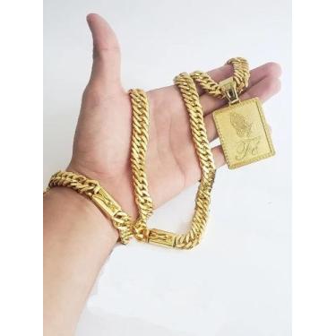 Imagem de Kit Cordão Pulseira Pingente Cruz Banhado Ouro Modelo Grumet - Vip Jói