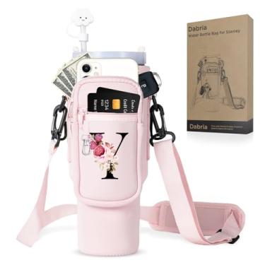 Imagem de dabria Bolsa inicial A-Z para garrafa de água com bolso para celular Stanley 1,134 g Tumbler Neoprene bolsa suporte para garrafa de água com alça ajustável Bollus com tampa de canudo e mosquetão para