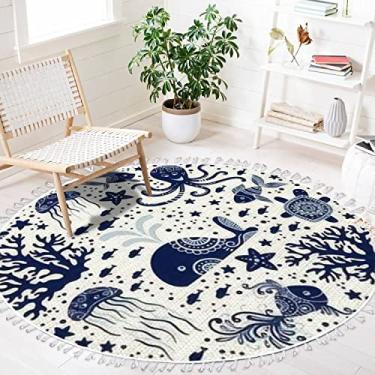 Imagem de Tapete de área oceânica de praia, água-viva subaquática, polvo, animal marinho, redondo, boho, tapete de linho, tapete lavável, corredor, tapete para quarto de bebê, decoração de quarto, presente de