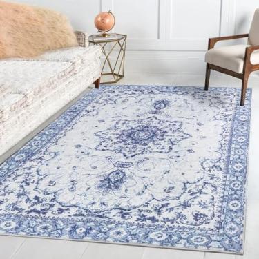 Imagem de Tapete vintage floral azul com base antiderrapante tipo colmeia, lã sintética espessa e macia, leve e lavável na máquina, para sala de estar, quarto, sala de jantar, escritório, 2,44 x 3,05 m
