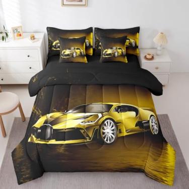 Imagem de Conjunto de cama de 7 peças, carro de corrida amarelo, para crianças, meninos, meninas, esportes radicais, cama em uma bolsa, decoração de carro de luxo com 1 fronha, solteiro