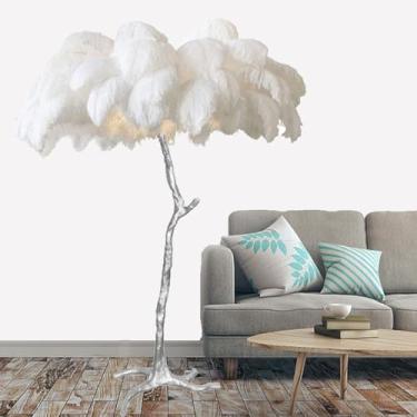 Imagem de Lâmpada de pé moderna, luz de proteção ocular regulável com abajur de penas, corpo e pedal prateados de resina, lâmpada de leitura de penas de chão